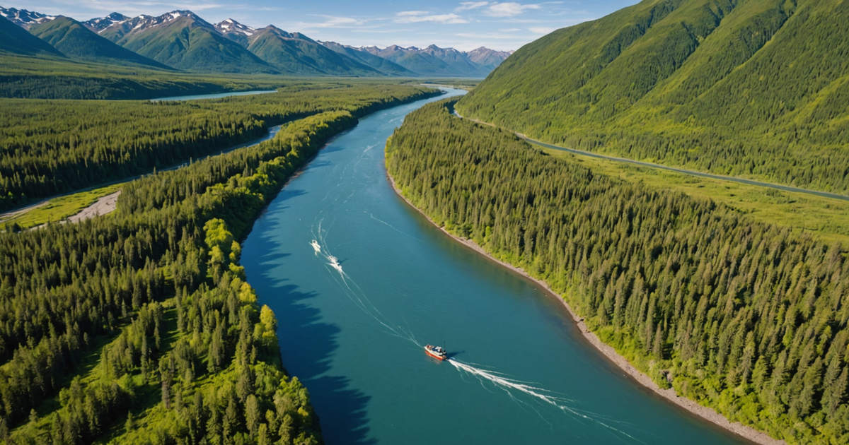 Aerial view of Kenai River with anglers in boats