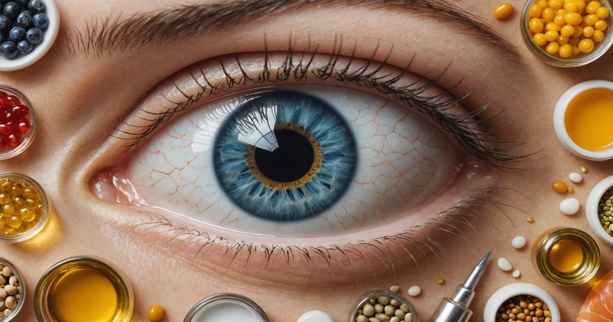 A diagram showing the anatomy of the eye with a focus on how omega-3 fatty acids support eye health.