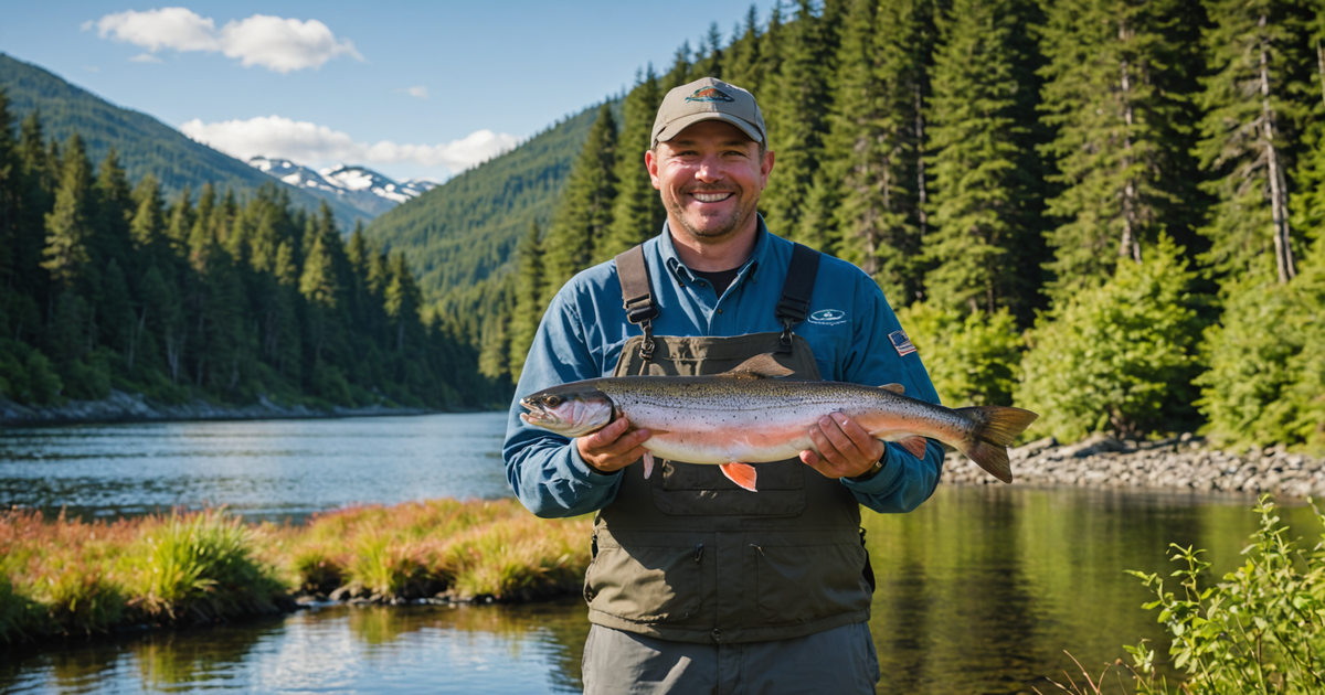 An angler proudly holding a freshly caught salmon against the backdrop of Ketchikan's lush landscapes.