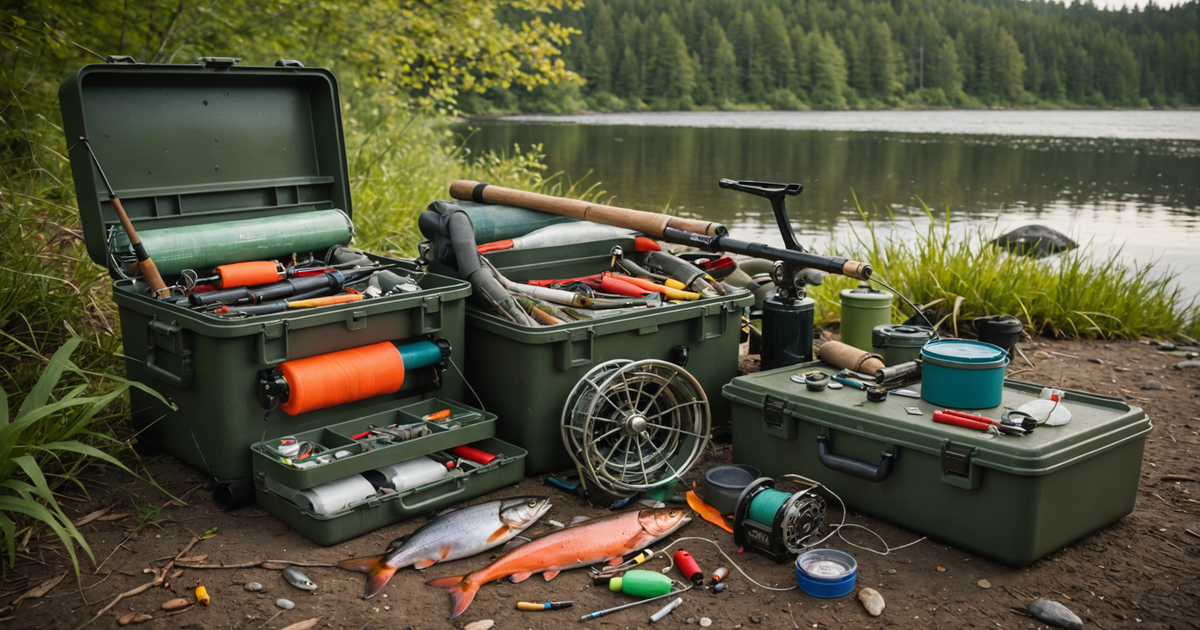 A selection of salmon fishing gear laid out by a riverbank