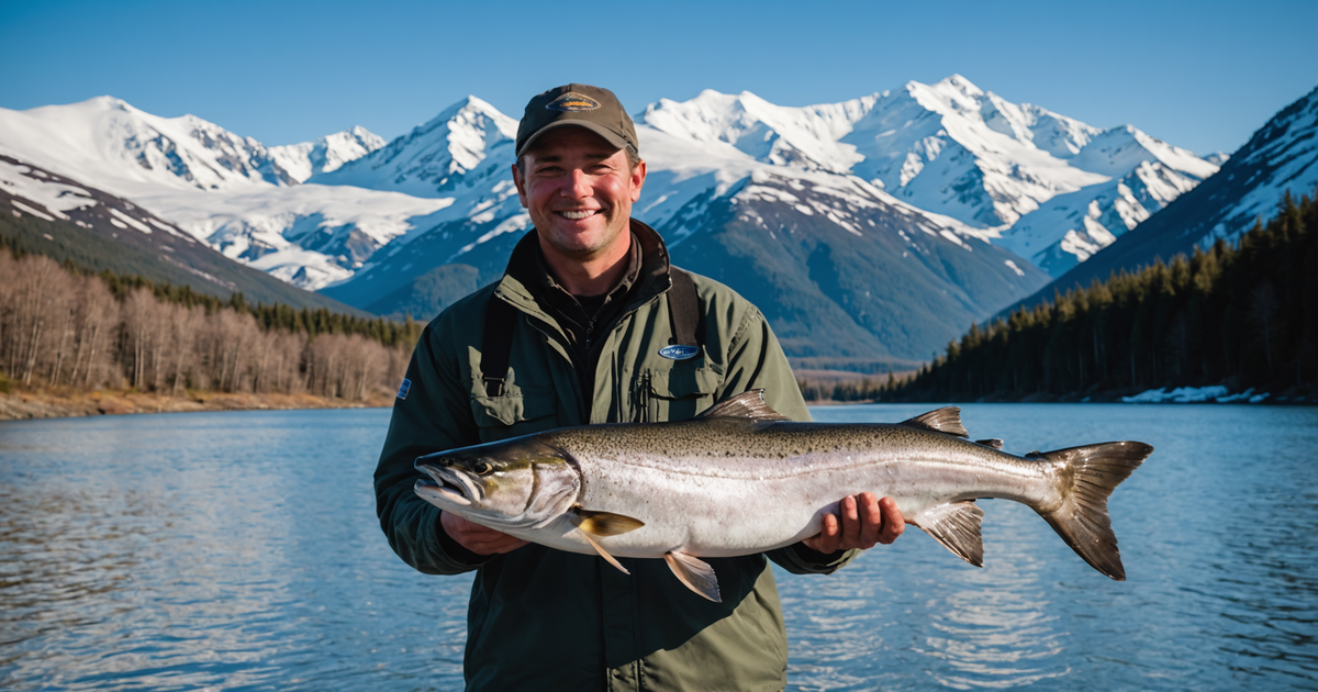 An angler proudly holding a Chinook salmon, with an Alaskan mountain range in the background