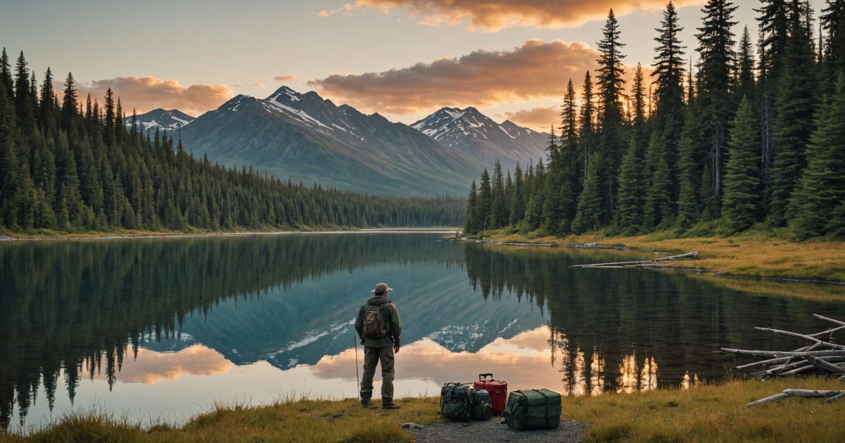 An angler with fishing gear in the Alaskan wilderness.