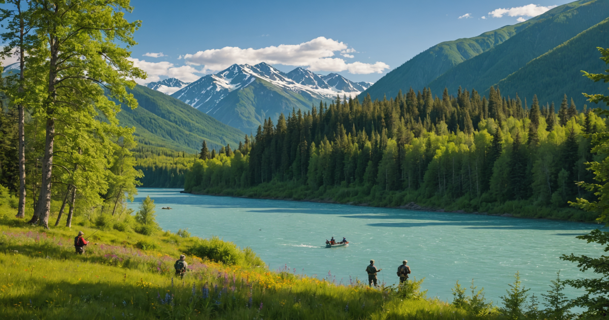Picturesque view of Kenai River with anglers fishing