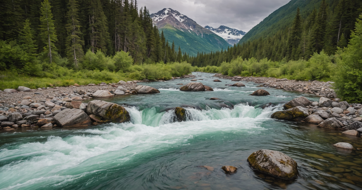 A vibrant Alaskan river teeming with salmon during peak run