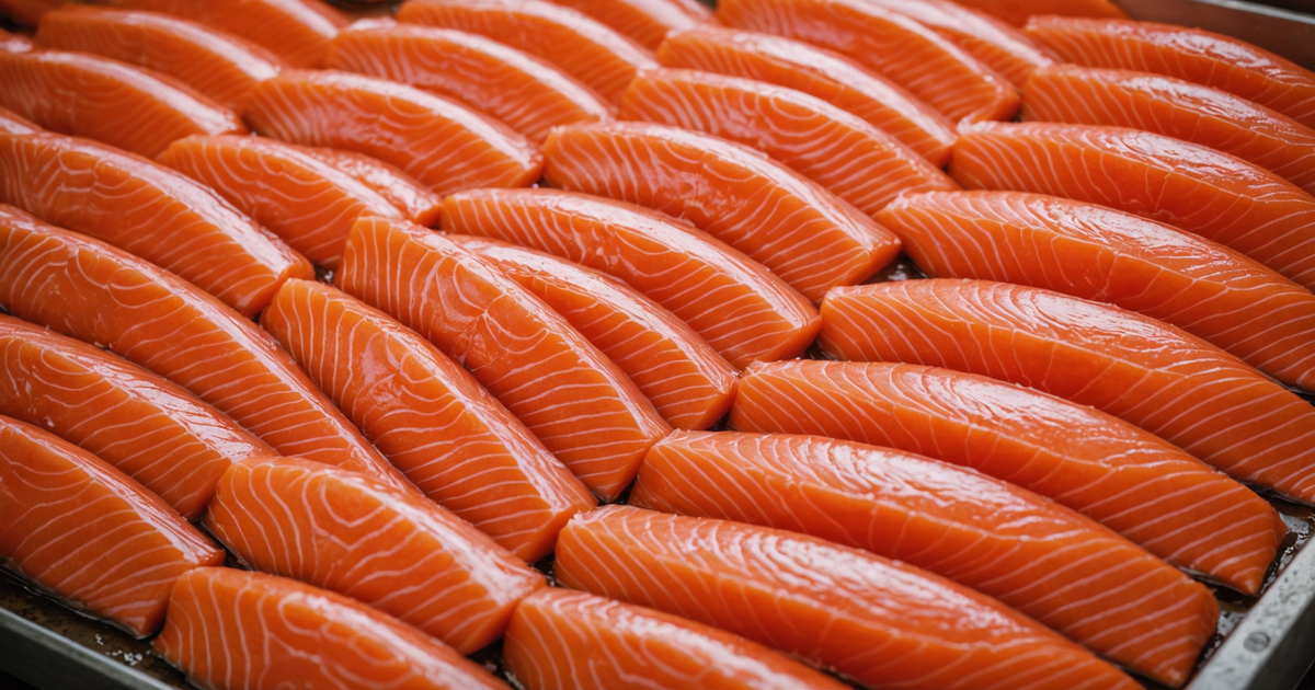 A close-up of fresh sockeye salmon fillets on display at a market.