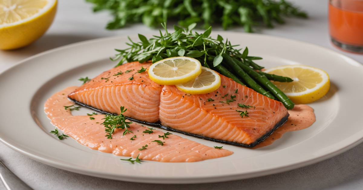 A beautifully plated dish of baked sockeye salmon with herbs and lemon slices.