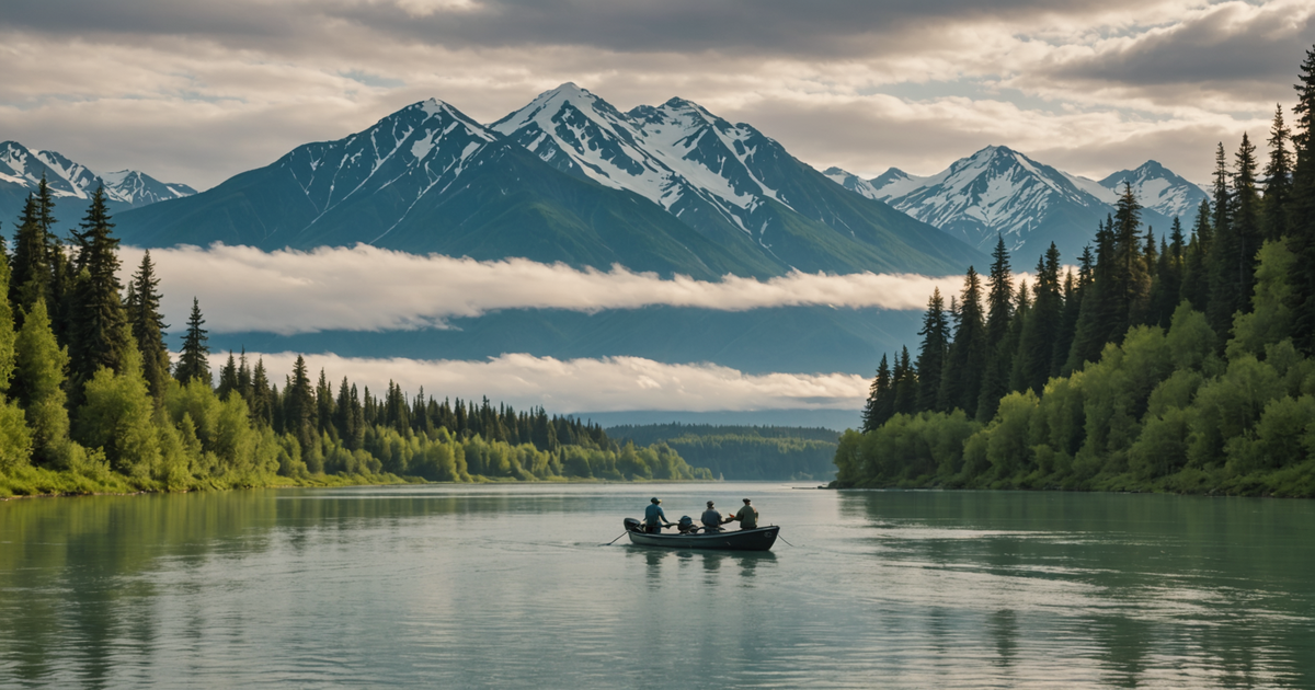 A picturesque view of the Kenai River with anglers on a fishing charter.