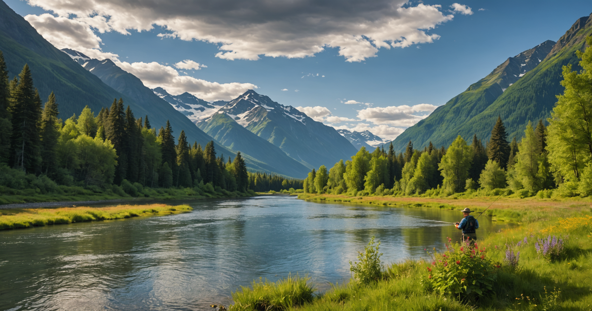 A serene Alaskan river with anglers casting lines into the water, surrounded by lush greenery and mountains.