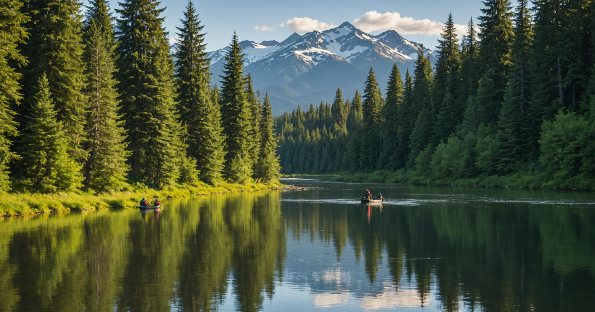 A scenic view of anglers fishing in a pristine Alaskan river