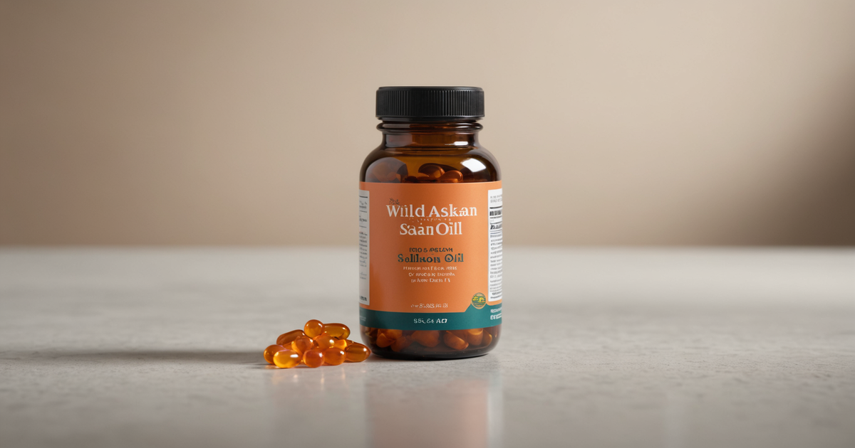 A bottle of wild Alaskan salmon fish oil capsules, highlighting the product available at Costco.