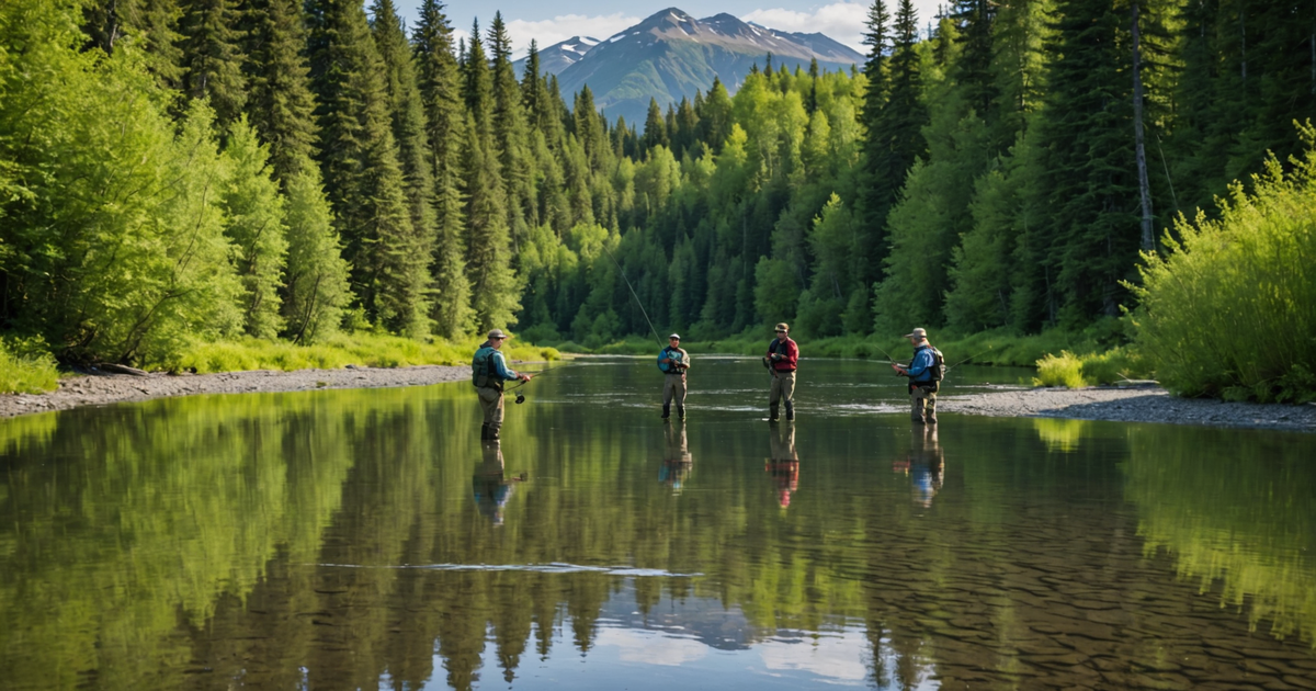 A fishing guide assisting a group on an Alaskan river