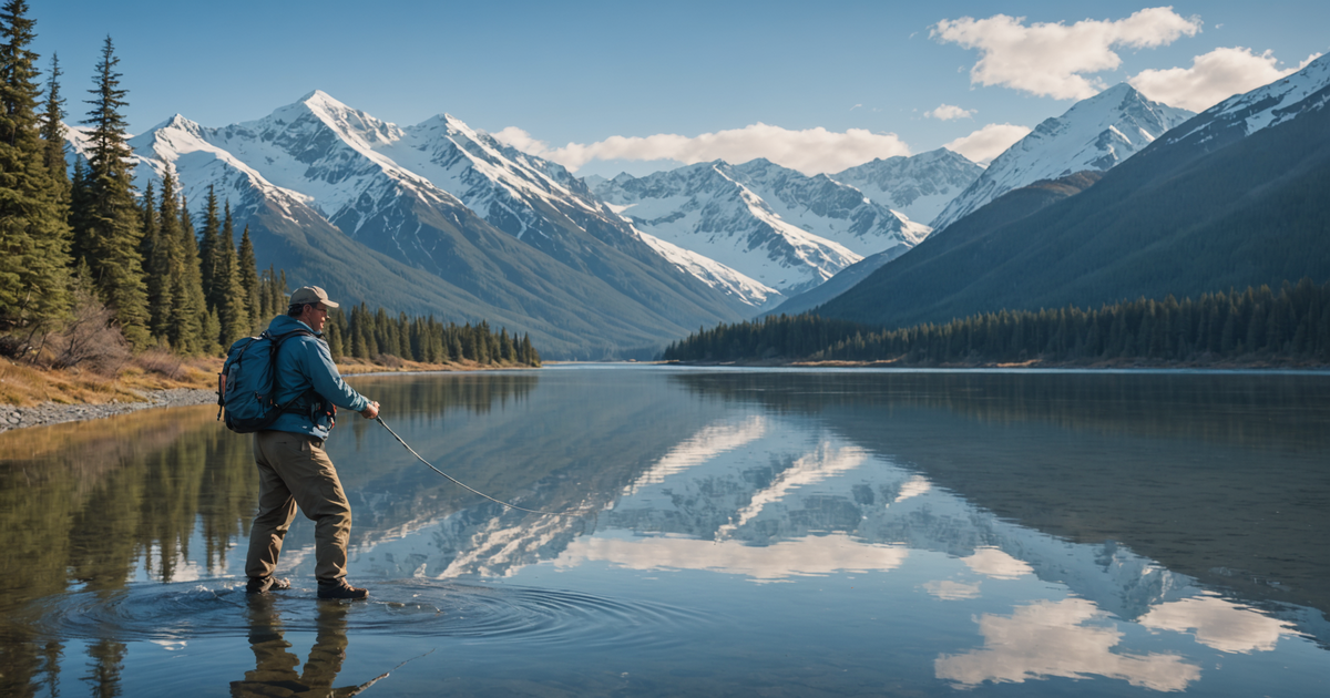 King salmon being caught by an angler with a backdrop of Alaskan mountains