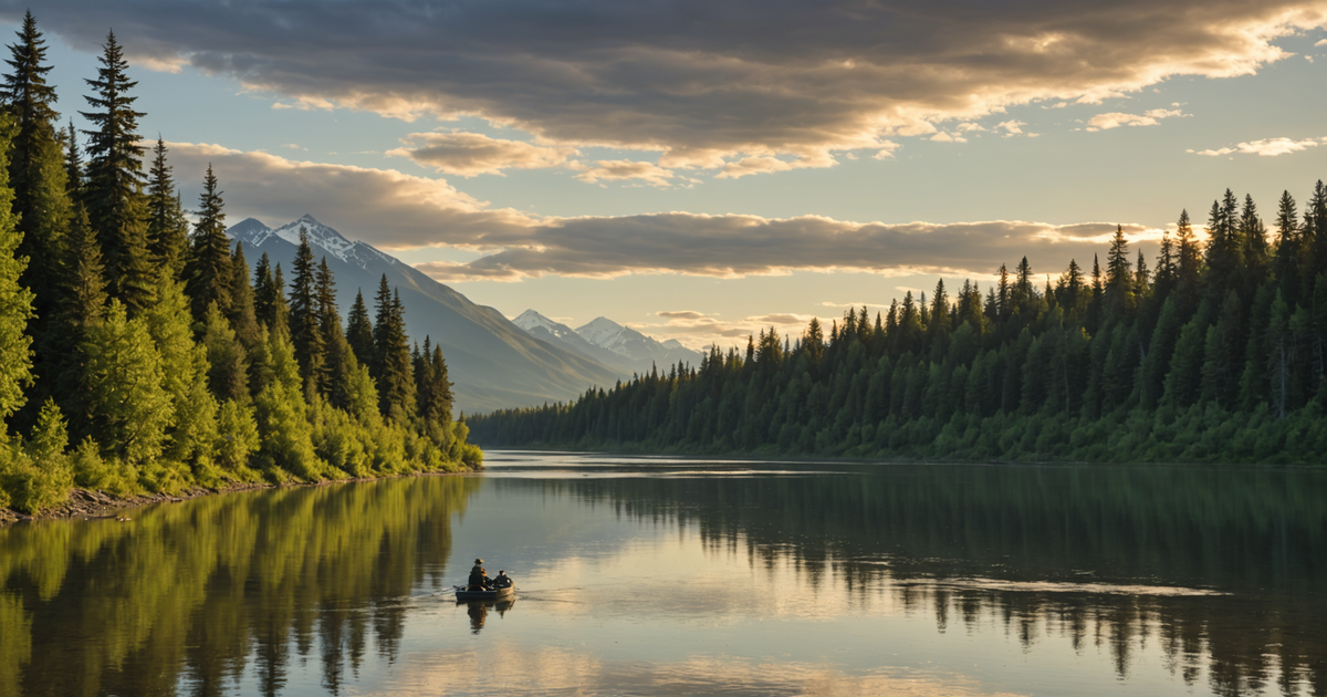 A scenic view of the Kenai River with anglers fishing from the banks
