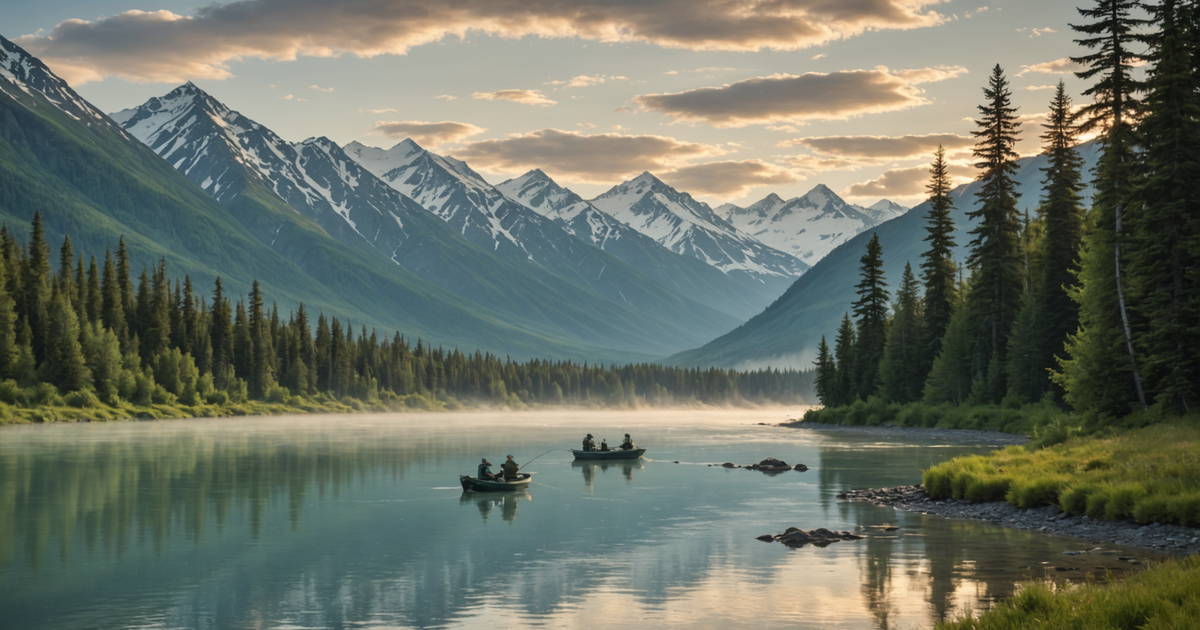 Anglers fishing on the Kenai River, surrounded by the stunning Alaskan landscape.