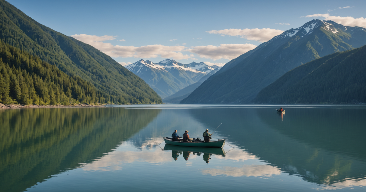 A serene view of anglers fishing in the Gastineau Channel with mountains in the background.