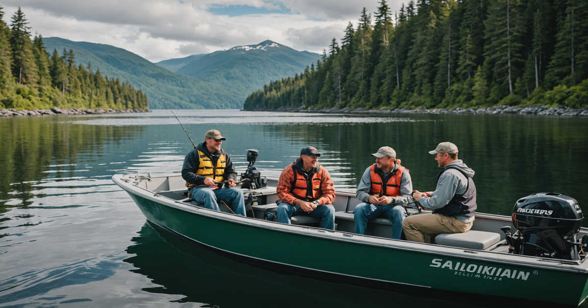 A group of anglers reeling in a salmon from a charter boat off the coast of Ketchikan.