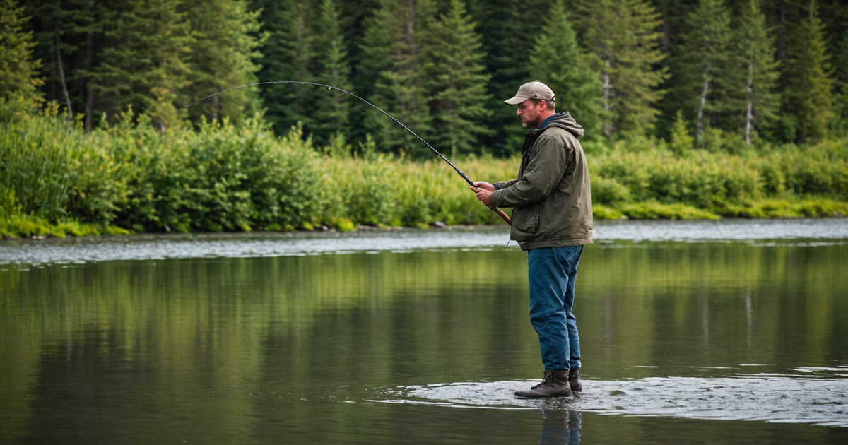 An angler demonstrating the drift fishing technique on a river in Homer, Alaska