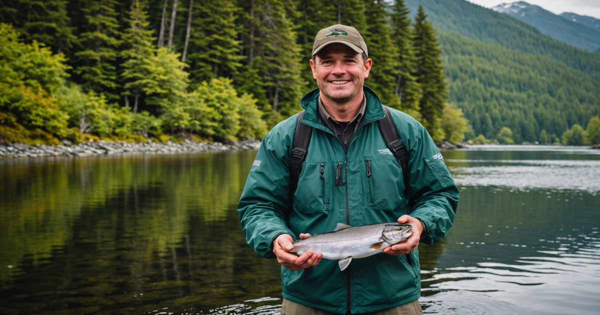 A vibrant scene of an angler holding a freshly caught Coho salmon in the lush surroundings of Sitka, Alaska.