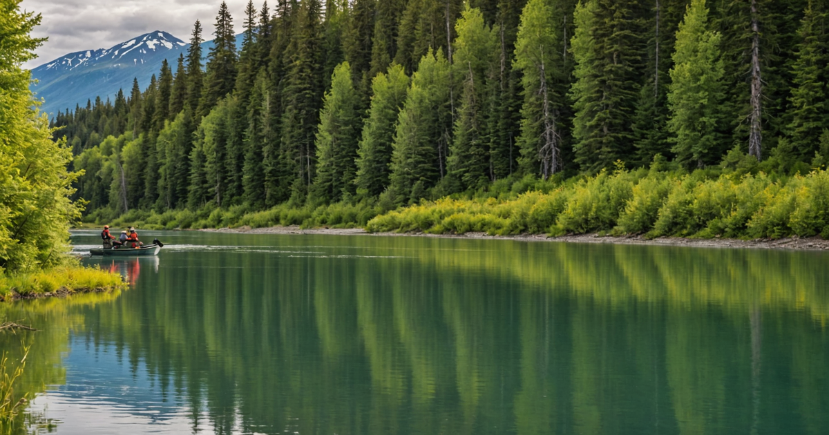 A scenic view of anglers fishing for King Salmon on the Kenai River