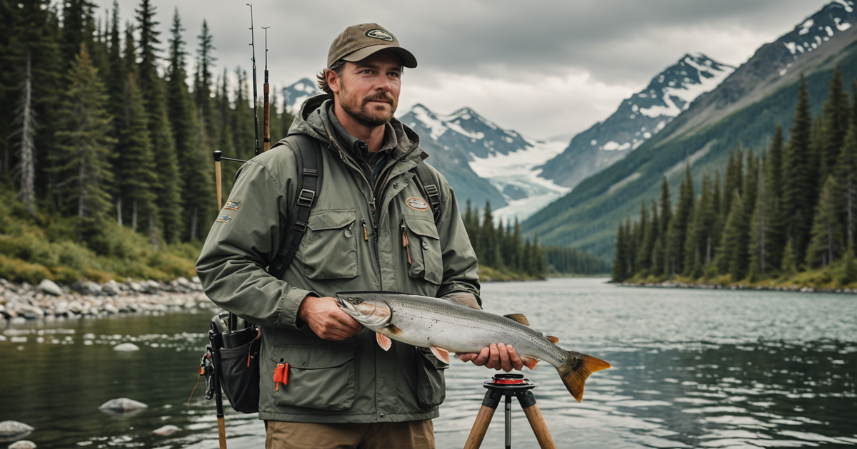 Angler holding a variety of salmon fishing rods and reels suitable for Alaskan waters