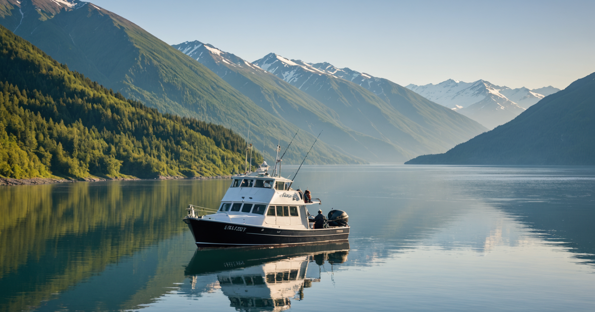 A scenic view of a fishing charter boat on the Cook Inlet
