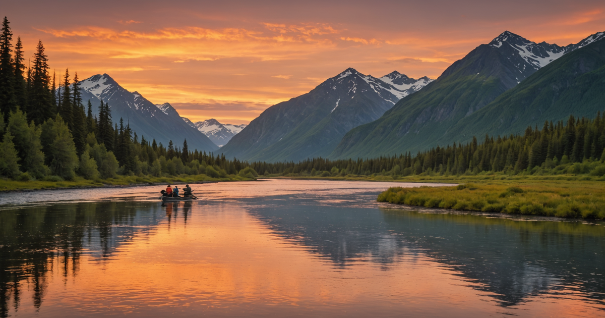A stunning Alaskan river with anglers fishing for king salmon under the midnight sun