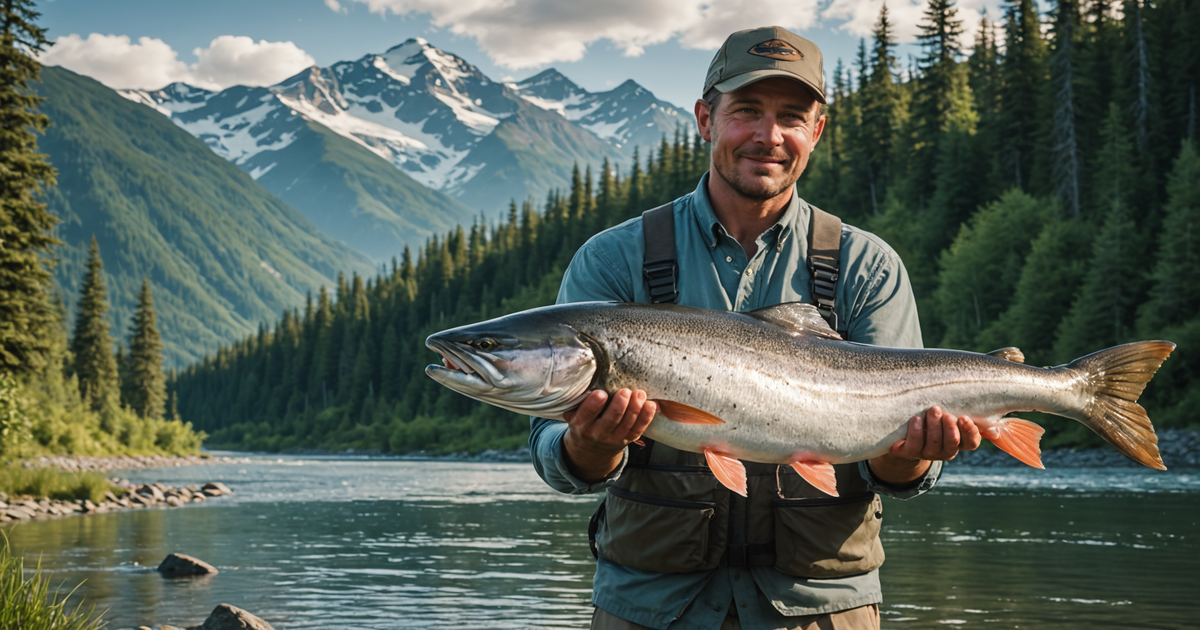 An angler holding a large king salmon against the backdrop of an Alaskan river