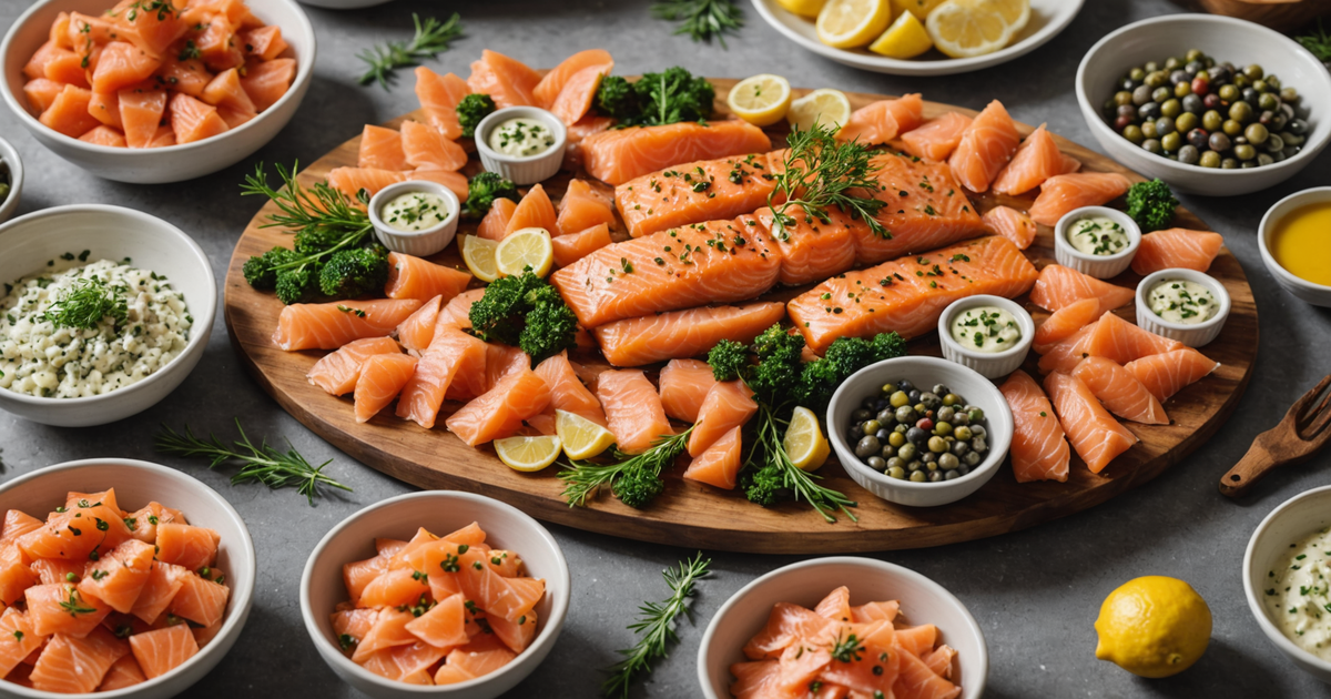 A delicious spread of Alaskan cuisine featuring smoked salmon and local delicacies.
