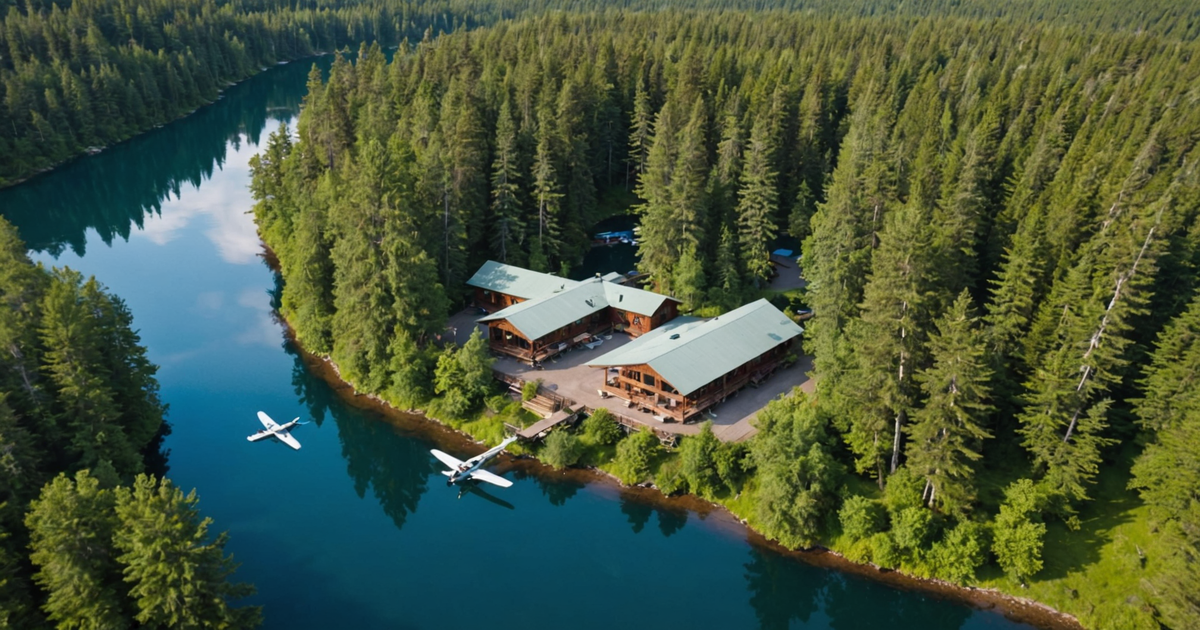 Aerial view of Rapids Camp Lodge with floatplane