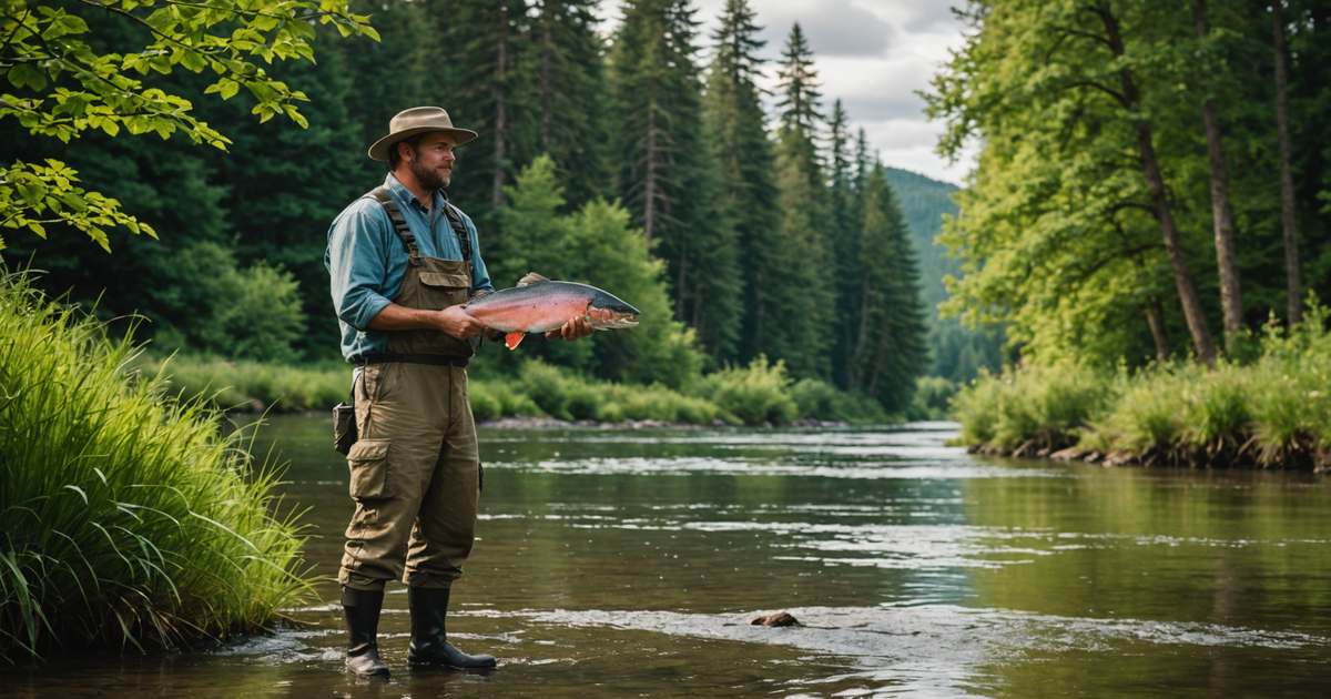 A fisherman holding a large salmon on the bank of a river with lush green surroundings