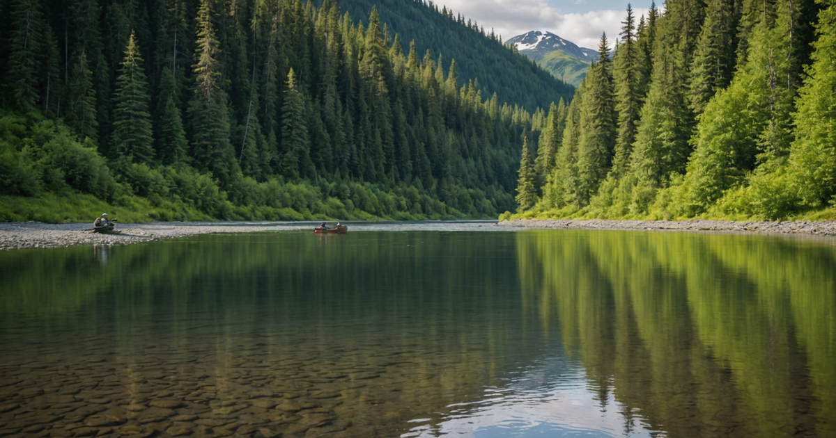 Anglers casting their lines in a serene Alaskan river, surrounded by lush greenery.