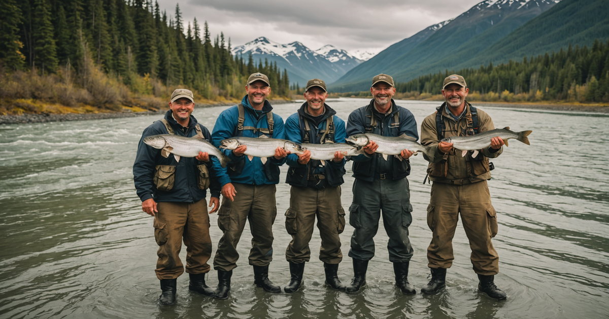 A group of fishermen and their guide standing proudly with their chum salmon catch against the backdrop of an expansive Alaskan river.