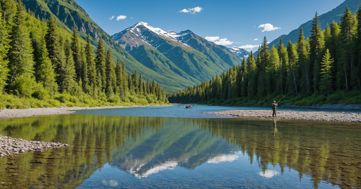 Angler fishing in a remote Alaskan river under a clear blue sky