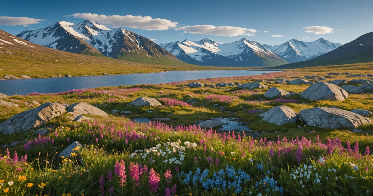 An expansive view of the Arctic tundra with colourful wildflowers and distant snow-capped mountains.