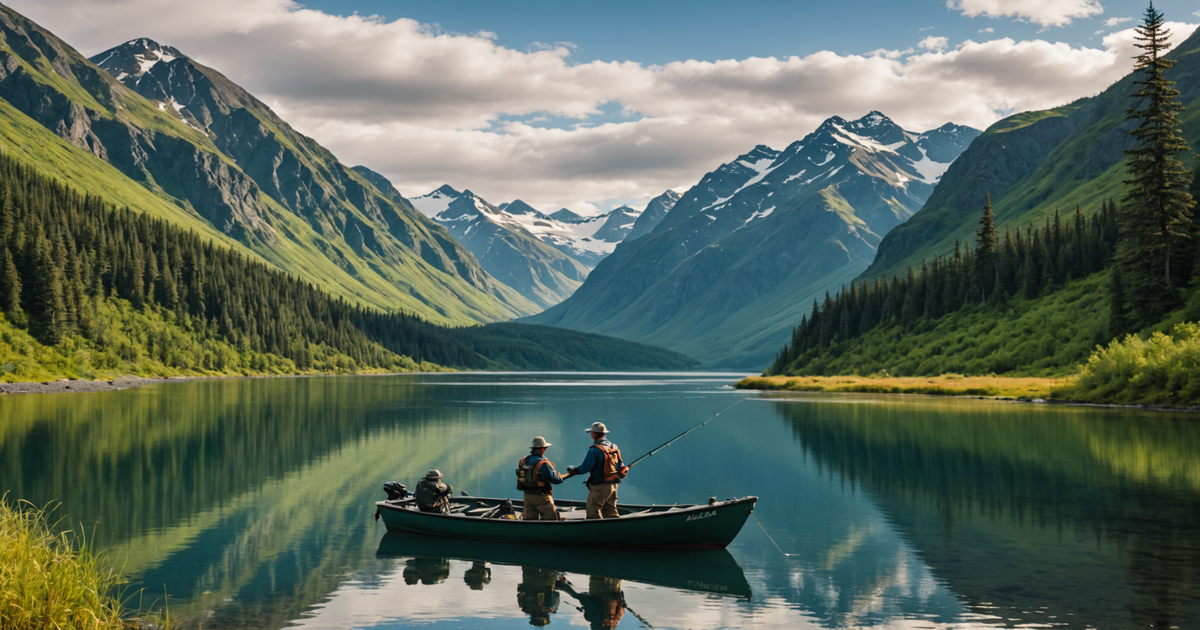A scenic view of an Alaska fishing guide assisting an angler on a boat, surrounded by stunning landscapes.