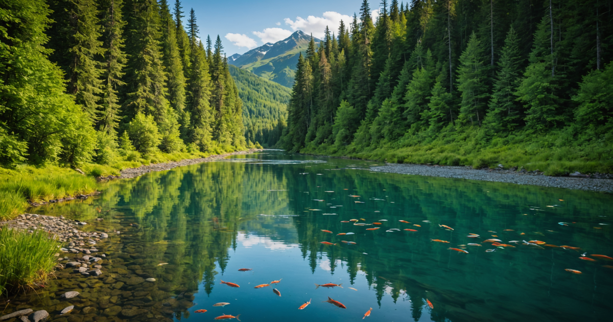 A breathtaking view of an Alaskan river teeming with fish, surrounded by lush greenery.