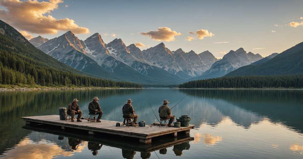 A group of anglers preparing their gear on a dock with a scenic mountain backdrop.