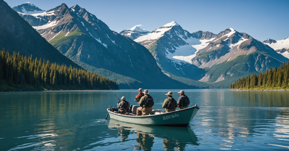 A seasoned guide assisting a group of anglers as they fish from a boat on the serene Alaskan waters.