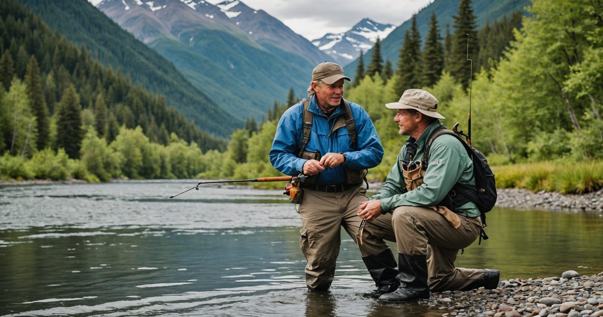 A professional guide assisting a fisherman on a picturesque Alaskan river.