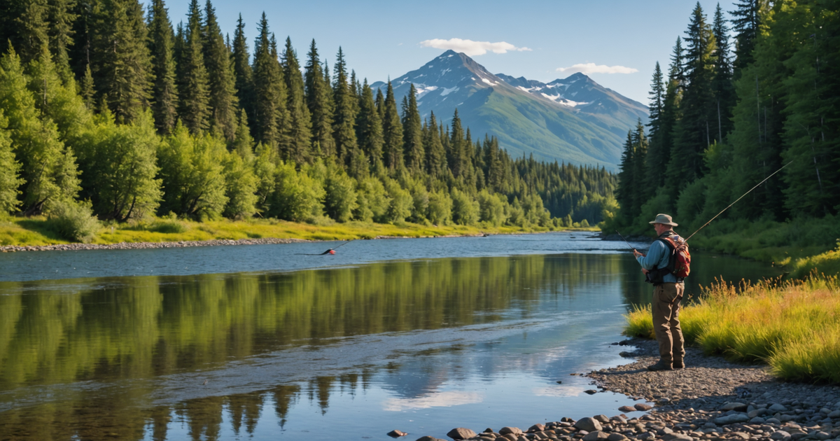 A scenic river in Alaska with an angler fly fishing for grayling.