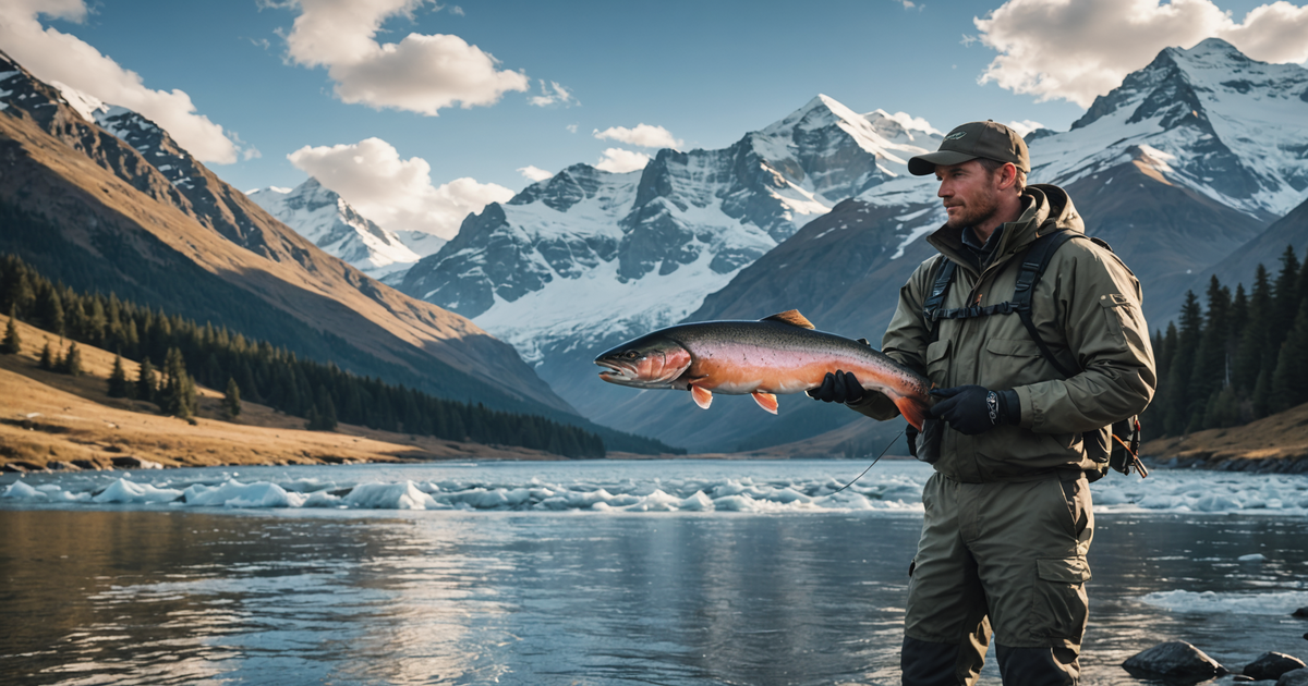 An angler in waterproof gear holding a freshly caught salmon with breathtaking mountains in the background.
