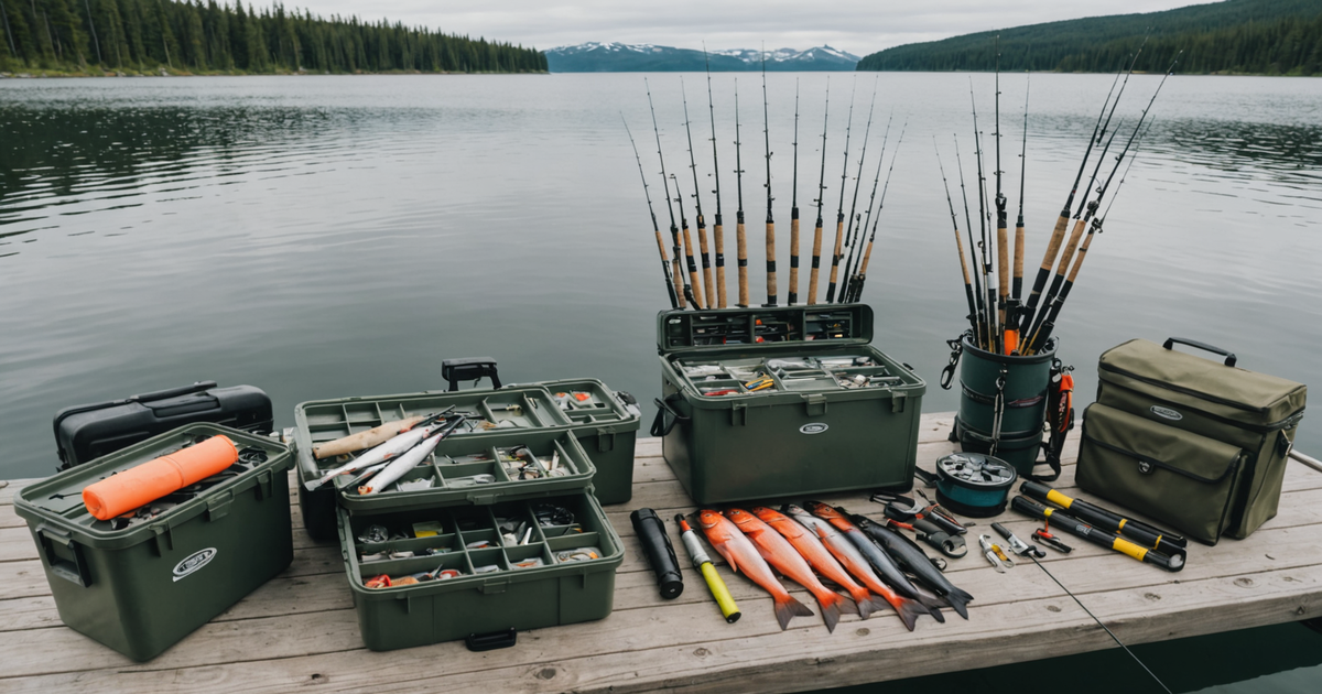 A typical setup for king salmon fishing with rods, reels, and tackle boxes