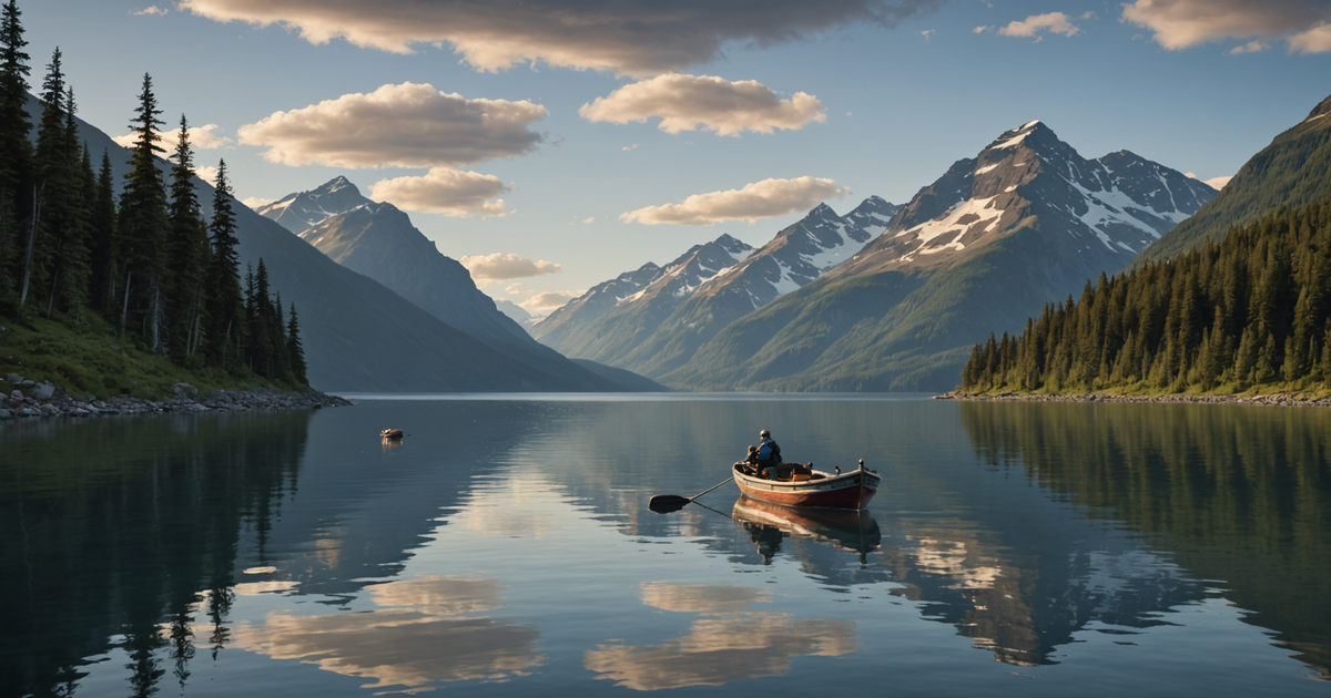 A fishing boat navigating the Alaskan waters with scenic mountains in the background