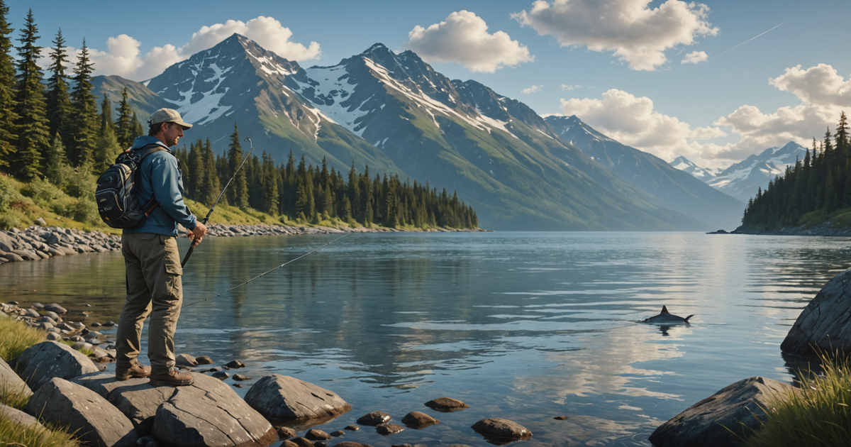 An angler reeling in a large halibut with a view of the Alaskan coastline
