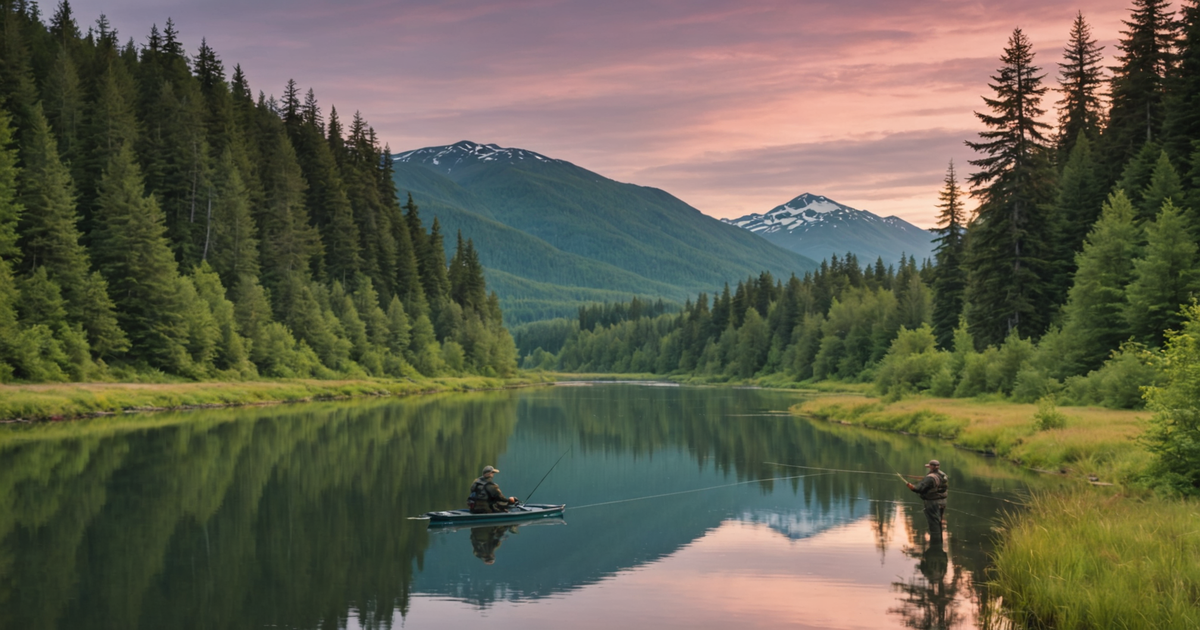 A serene Alaskan river with anglers fishing for pink salmon