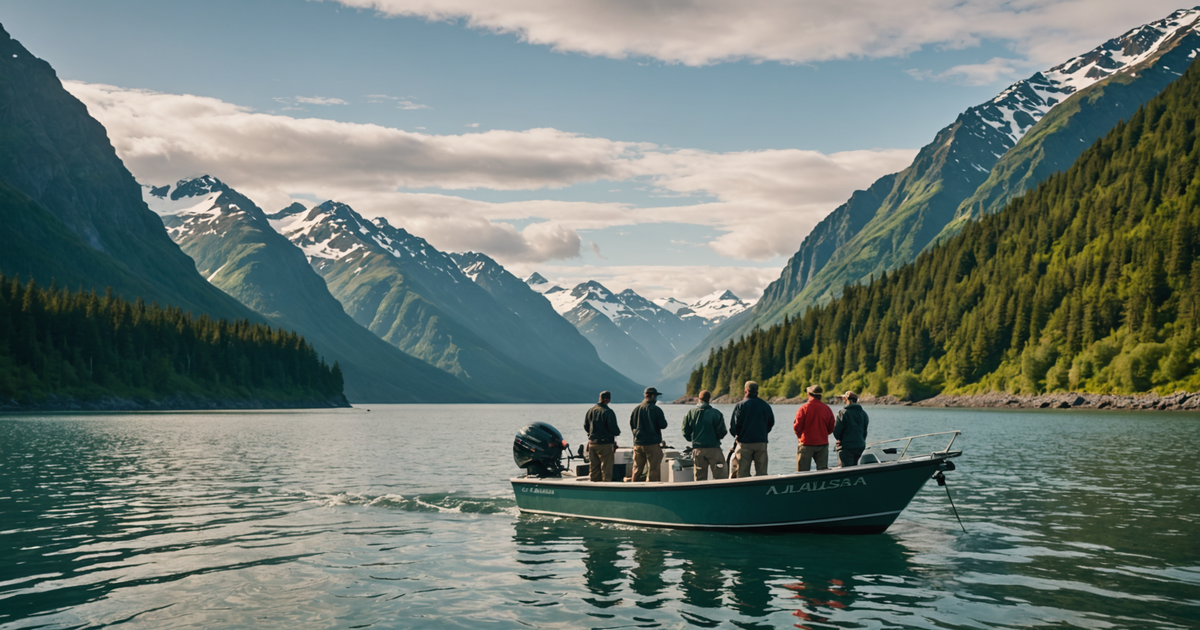 A group of anglers on a charter boat in Alaska, surrounded by breathtaking coastal landscapes.
