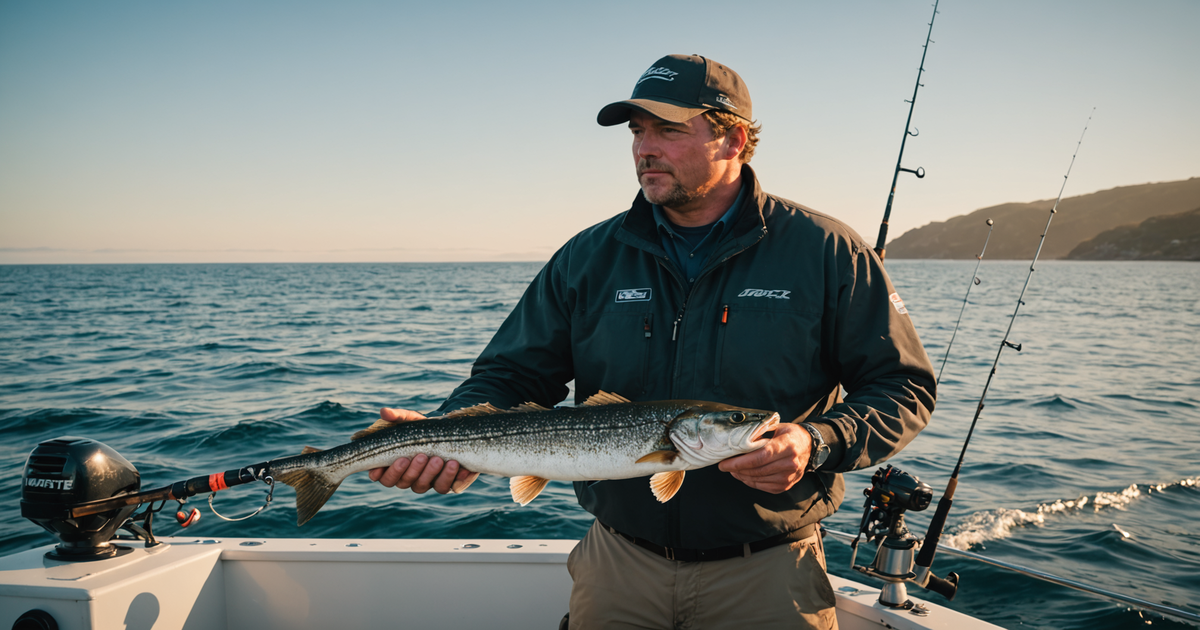 An angler demonstrating jigging techniques for lingcod from the deck of a charter boat.