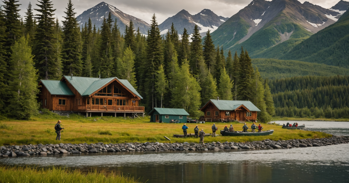 A stunning lodge set against the backdrop of Alaskan wilderness, with anglers preparing for a day of fishing.