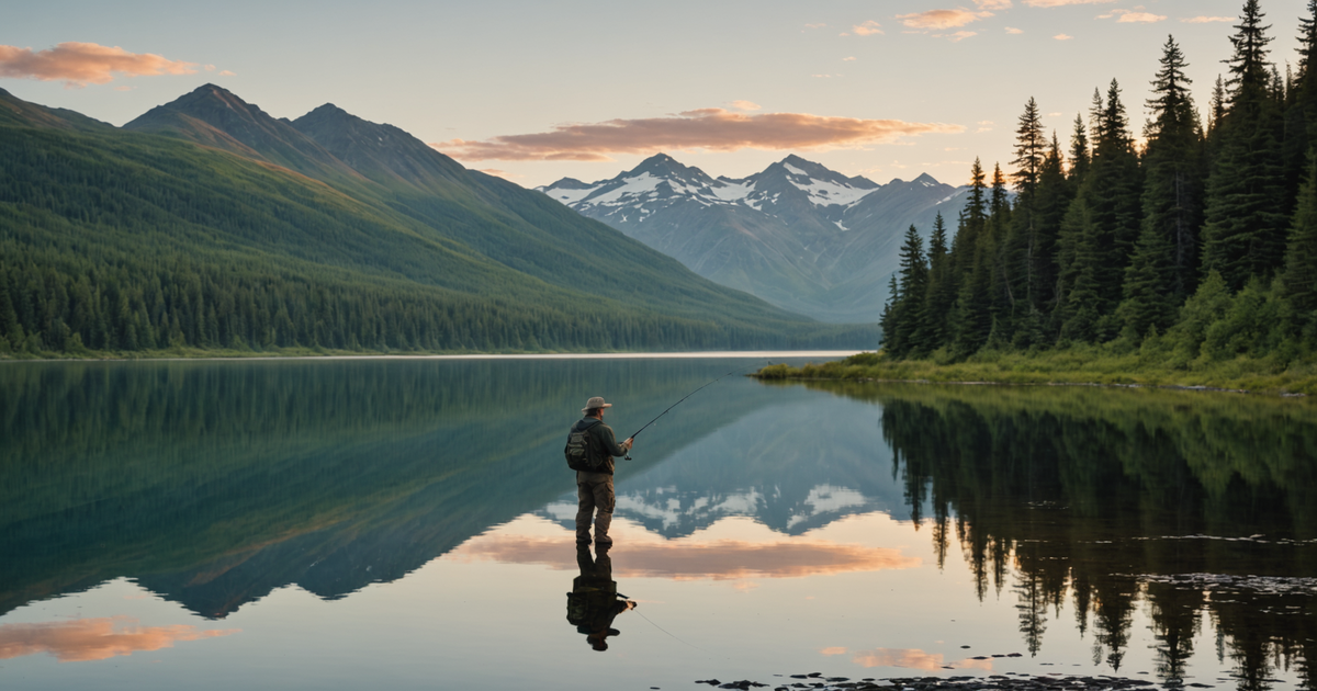 An angler casting a line in a serene Alaskan lake