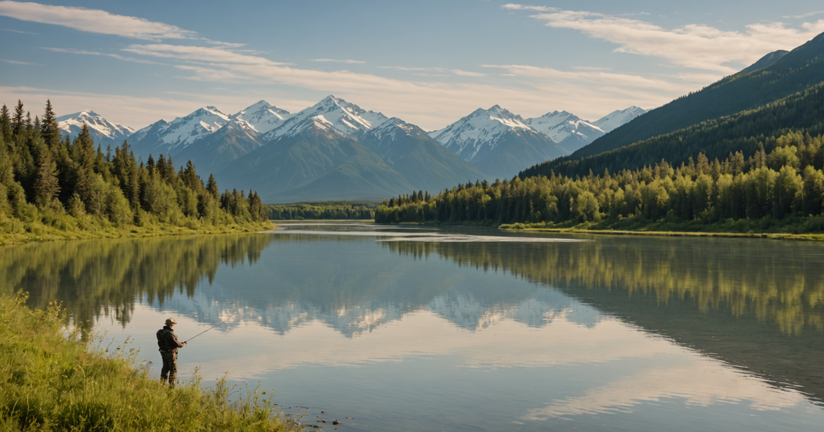 A scenic view of the Kenai River with an angler casting a line